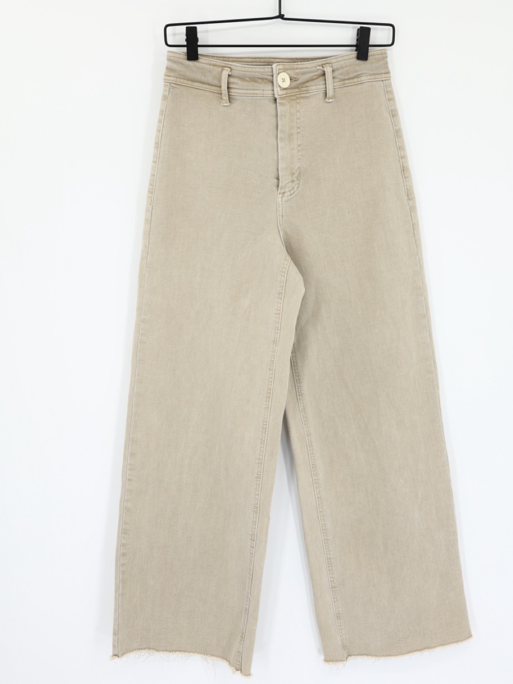 OAT New York High Rise Wide Leg Crop Jeans Raw Hem Beige Stretch Denim 4/27